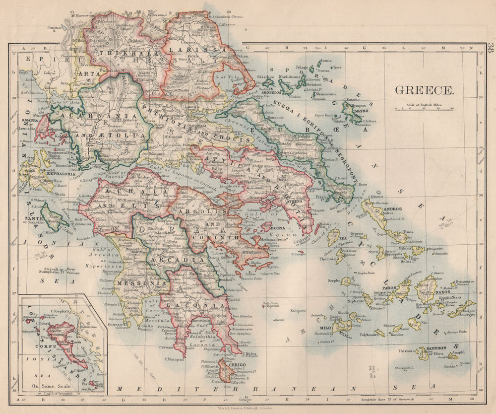 GREECE. Morea Thessaly Rumelia Cyclades Aegean Ionian Islands. JOHNSTON 1895 map