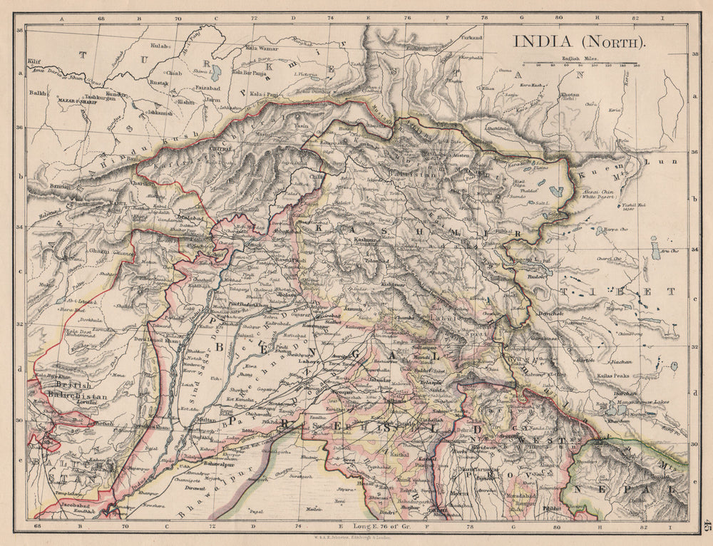 BRITISH INDIA NORTH. Jammu Kashmir Punjab Himalayas. JOHNSTON 1895 old map