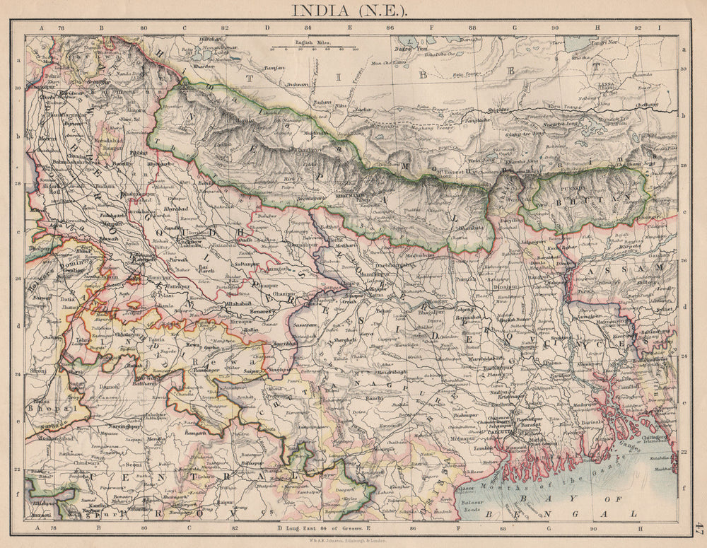 BRITISH INDIA NE. Bengal Nepal Bhutan Calcutta Bangladesh. JOHNSTON 1895 map