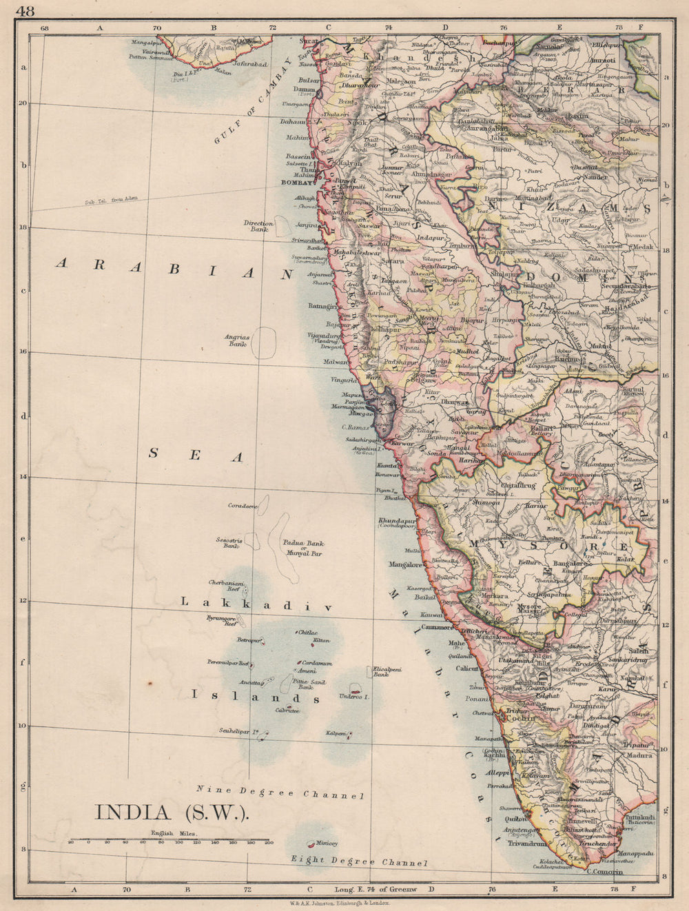 BRITISH INDIA SW.Bombay Mysore Malabar Coast Lakkadives.  JOHNSTON 1895 map