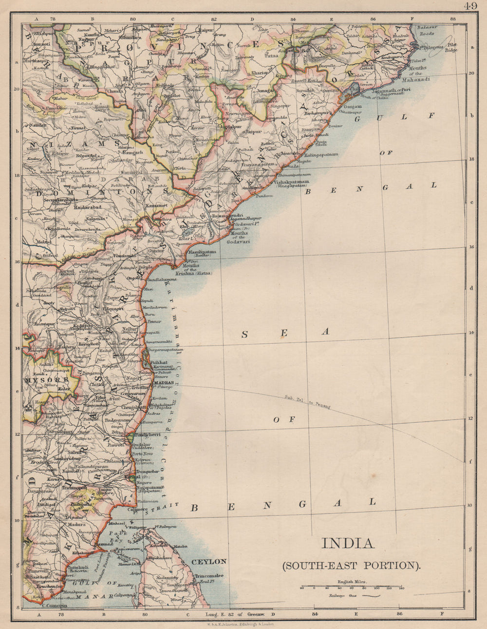 BRITISH INDIA SE.Madras Karnatak. French Karikal Pondicherry.JOHNSTON 1895 map