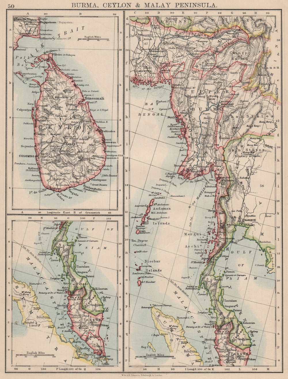 BURMA CEYLON SIAM MALAY PENINSULA. Assam Singapore Thailand 1895 old map