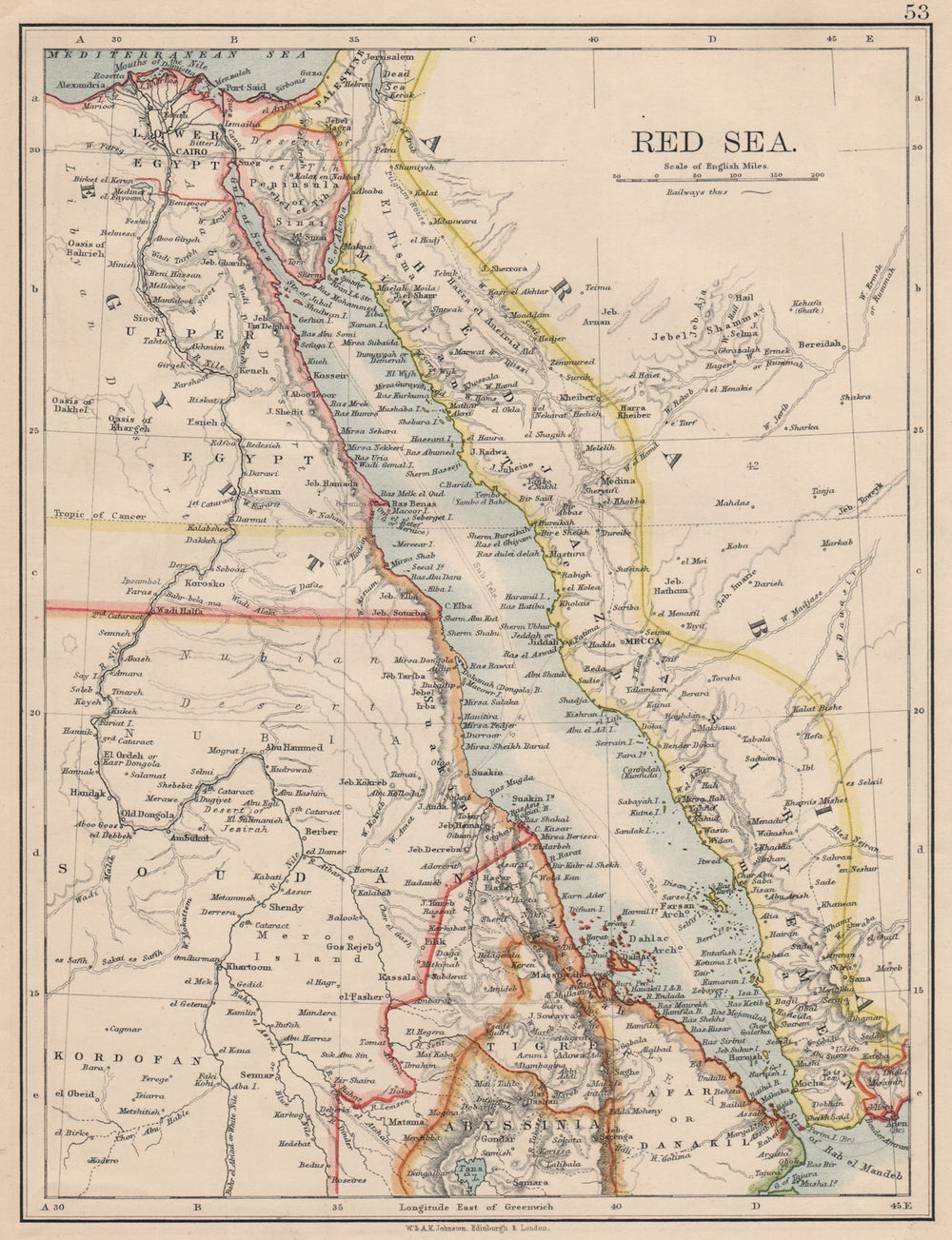 RED SEA. Egypt Eritrea Hedjaz Asir Yemen. Nile valley. Sinai.  JOHNSTON 1895 map