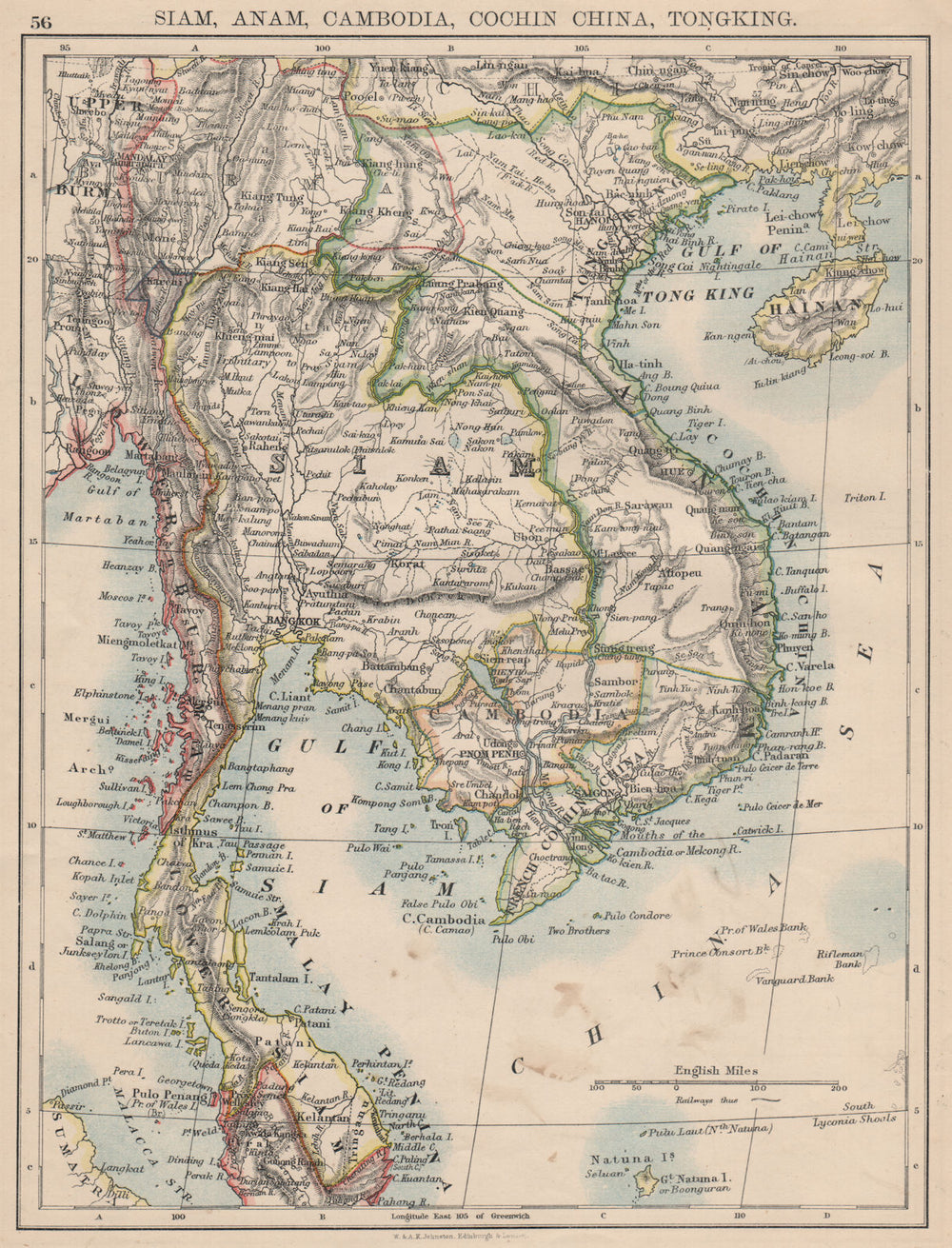 INDOCHINA.Siam with British & French spheres. Burma Cambodia Anam  1895 map