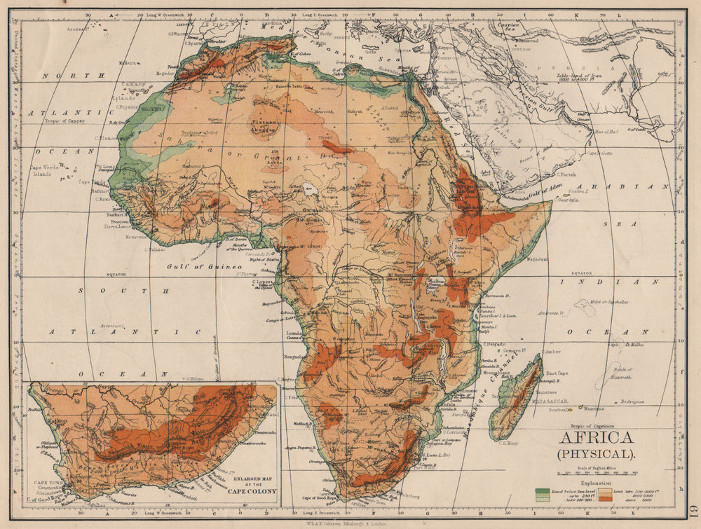 AFRICA PHYSICAL. Relief ocean depths rivers. JOHNSTON 1895 old antique map