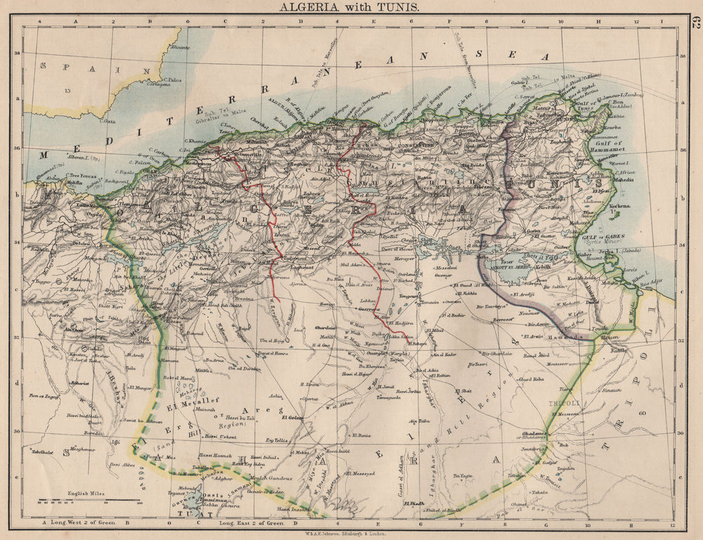 ALGERIA & TUNIS. Maghreb Tunisia. Provinces. Telegraph cables. JOHNSTON 1895 map