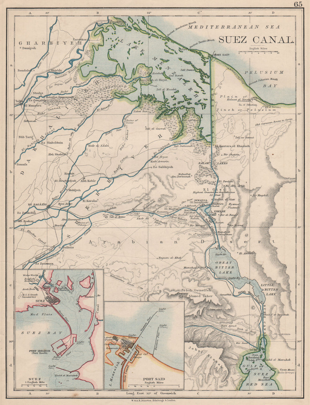 SUEZ CANAL. Plan of the canal. Plans of Suez & Port Said. JOHNSTON 1895 map