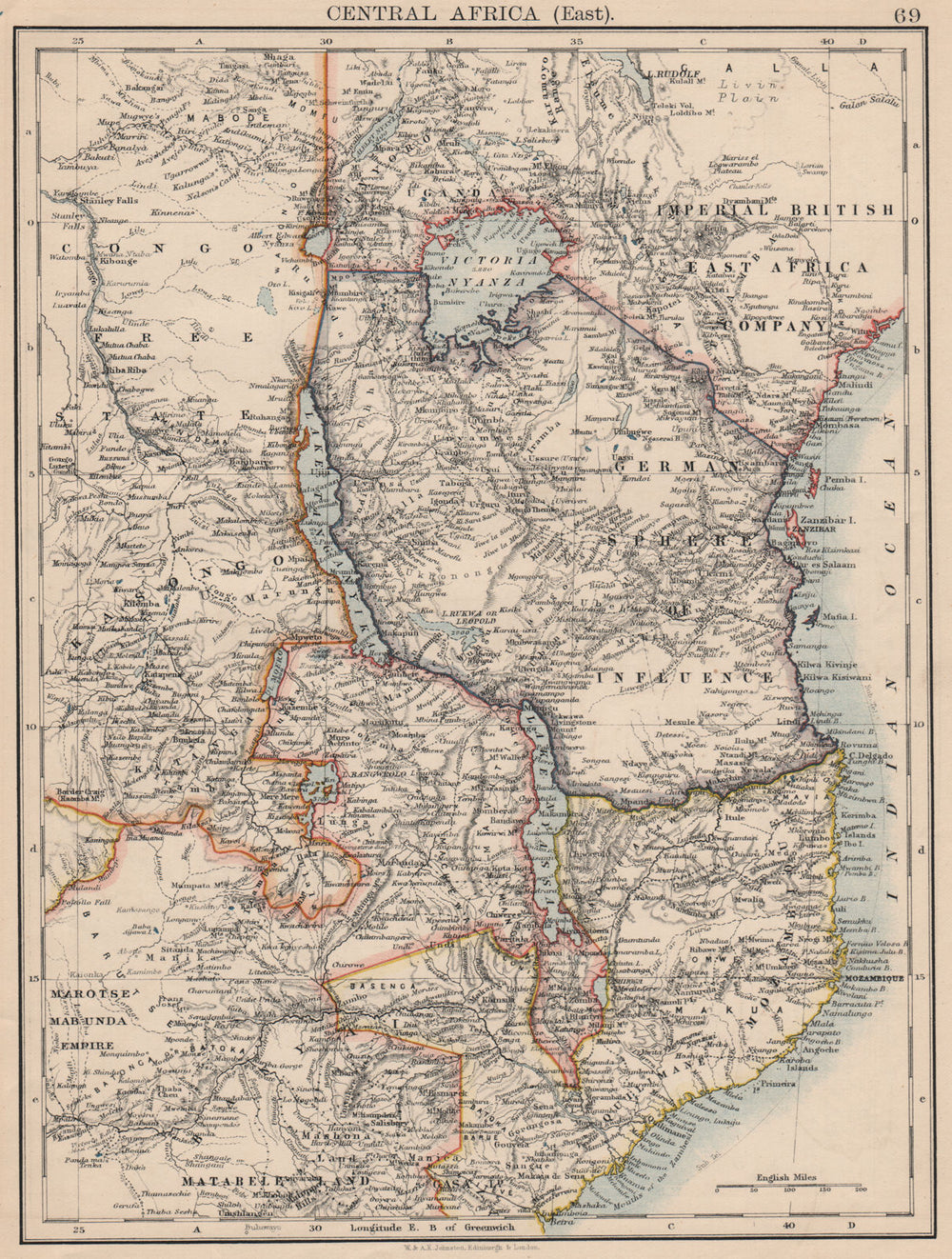 COLONIAL EAST AFRICA. German/British/Portuguese East Africa. Tanzania 1895 map