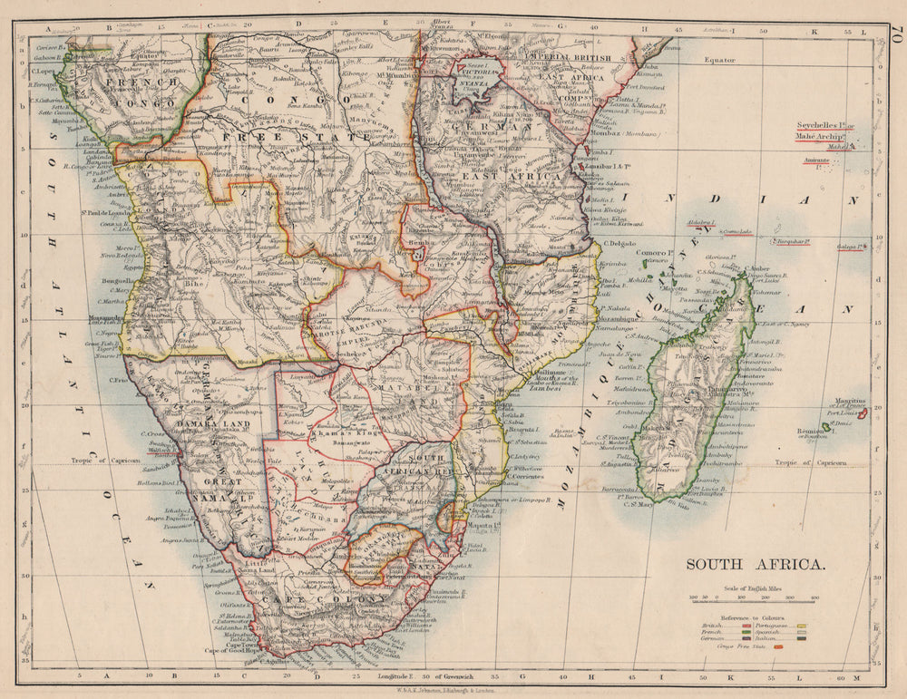 COLONIAL SOUTHERN AFRICA. German/British/Portuguese/French. JOHNSTON 1895 map