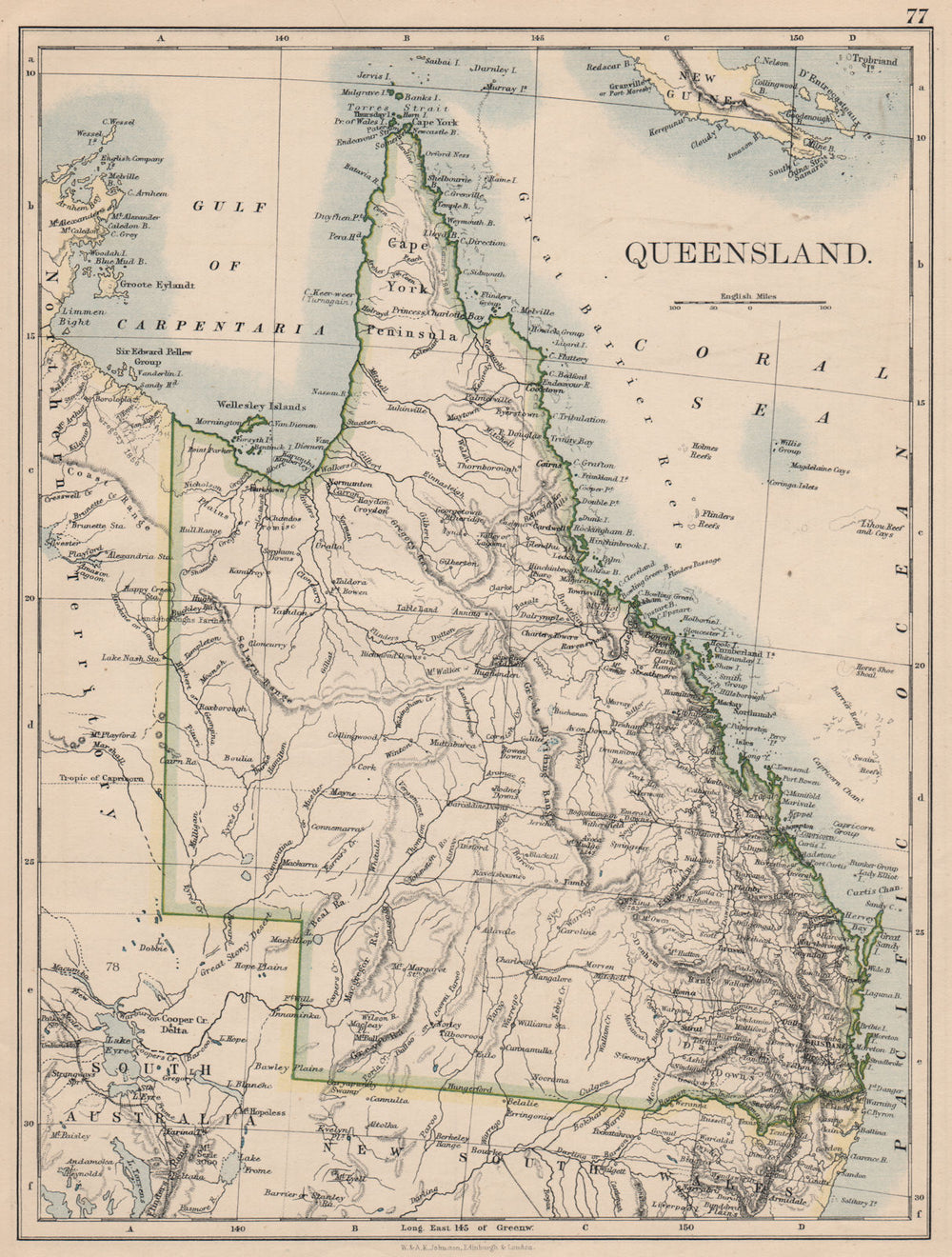 QUEENSLAND. State map Brisbane Gold Coast Railways. Australia. JOHNSTON 1895