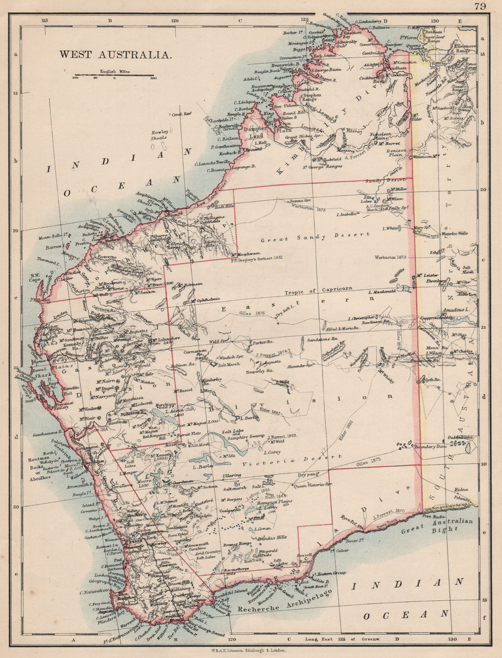 WEST AUSTRALIA. Goldfields Explorers route Giles Forrest Warburton Roe 1895 map