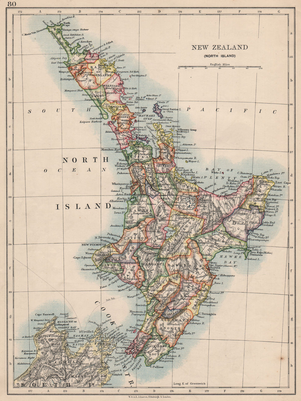 NORTH ISLAND NEW ZEALAND. Showing counties telegraph cables. JOHNSTON 1895 map