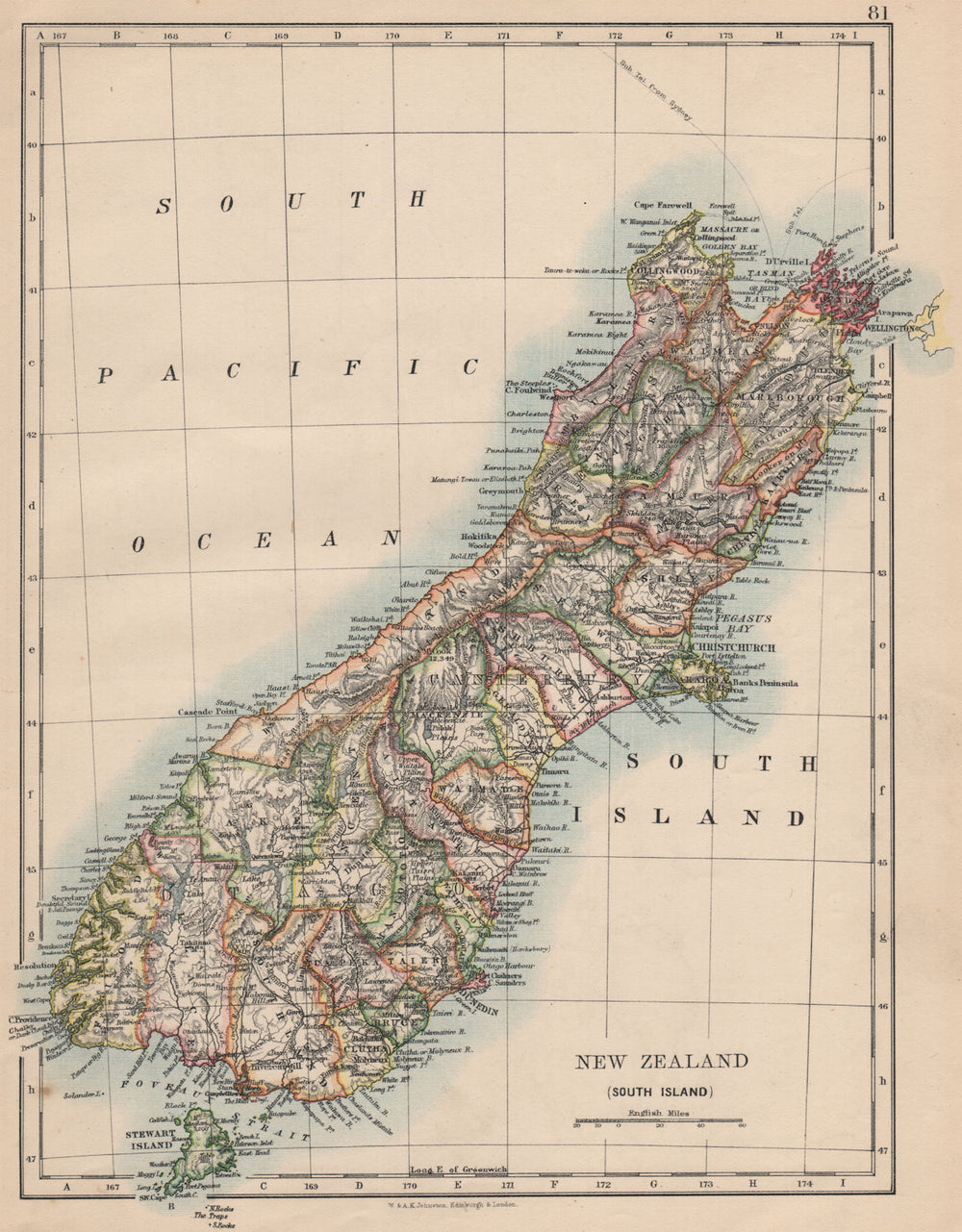 SOUTH ISLAND NEW ZEALAND. Showing counties. Telegraph cables.  JOHNSTON 1895 map