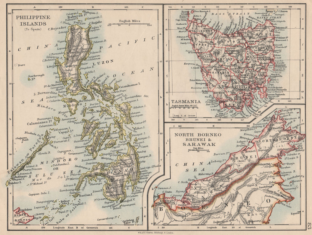 EAST ASIA. Philippines Tasmania North Borneo Brunei Sarawak. JOHNSTON 1895 map