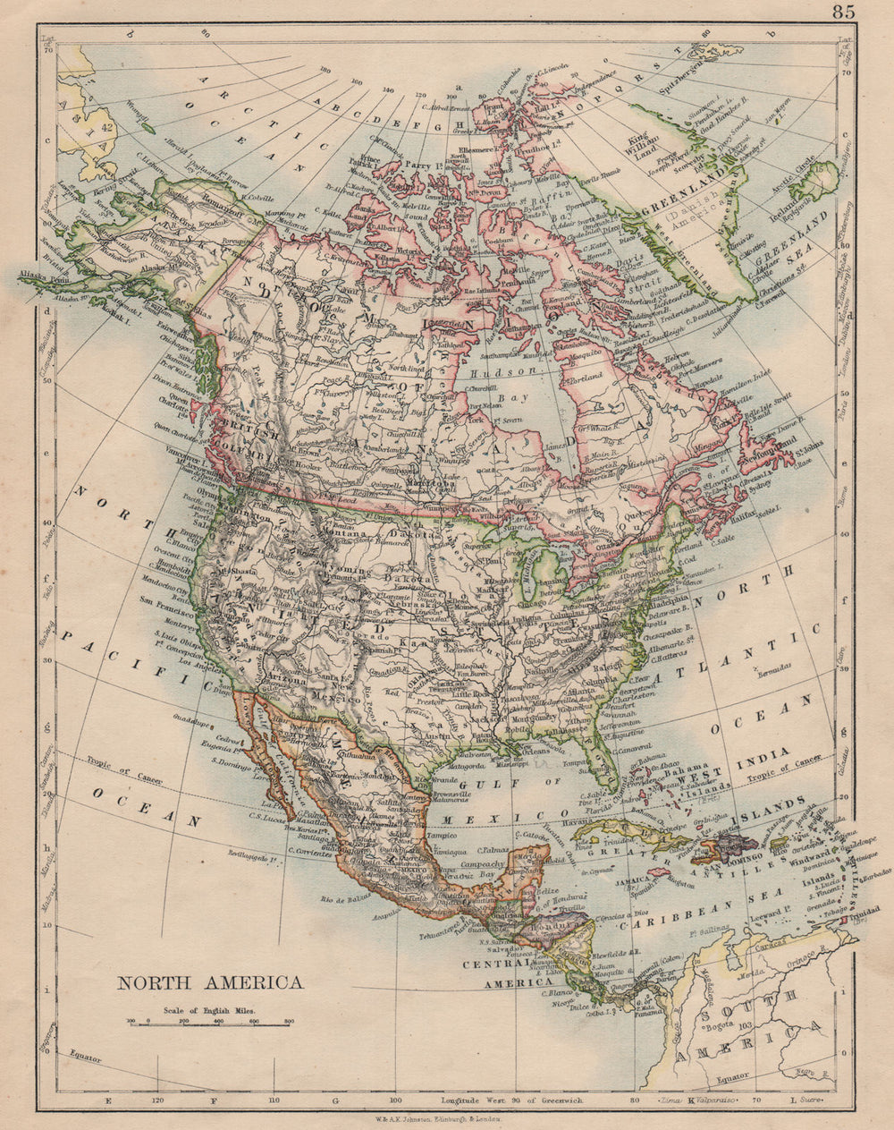 NORTH AMERICA POLITICAL. Greenland "Danish America" USA Canada Mexico 1895 map