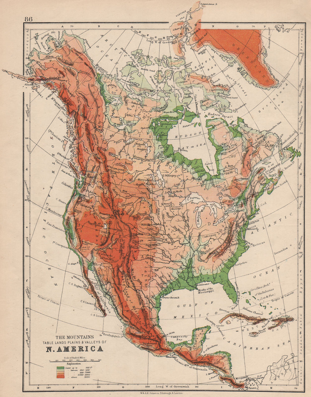 NORTH AMERICA PHYSICAL. Relief. Key mountains heights. Ocean depths  1895 map
