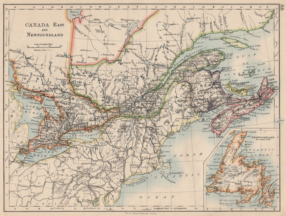 EASTERN CANADA. Ontario Quebec Maritime Provinces NB PE NS.  JOHNSTON 1895 map