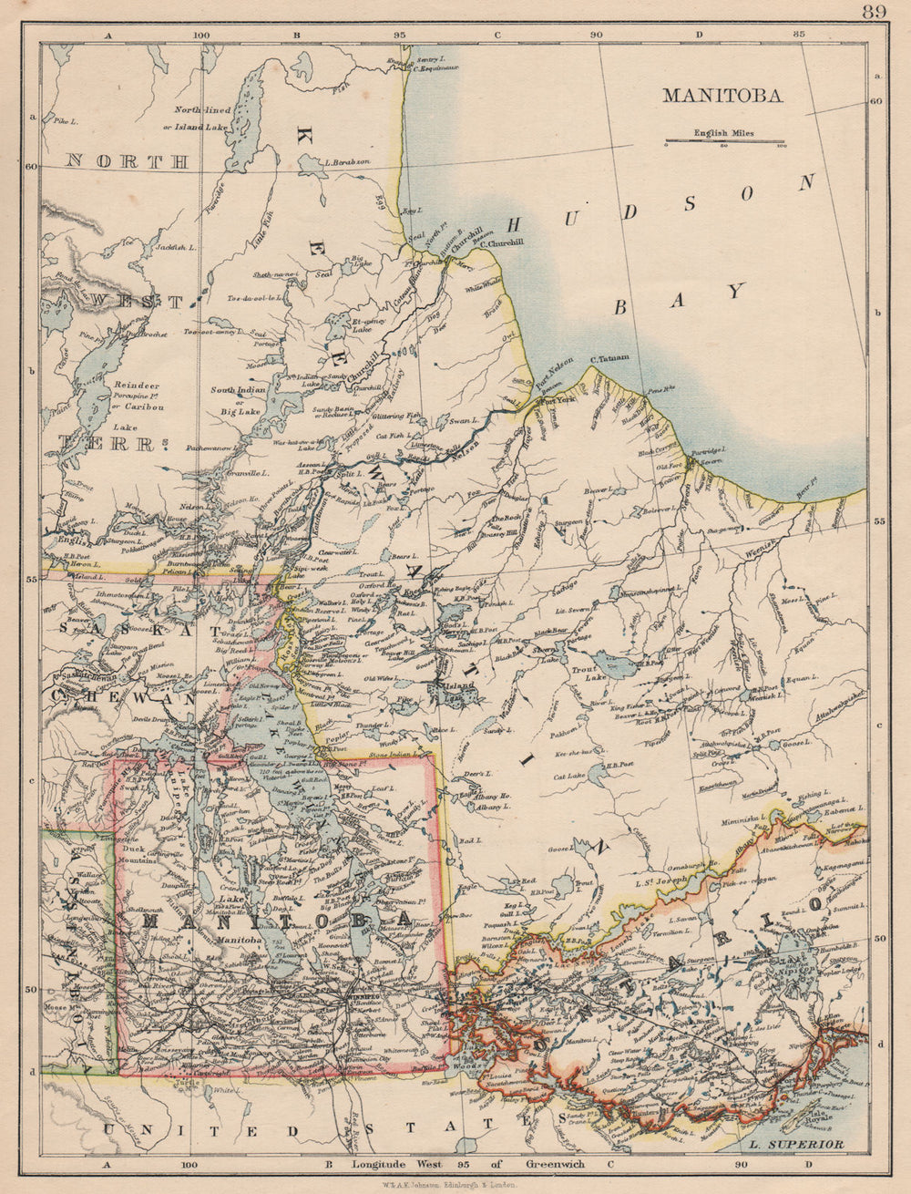 MANITOBA. Winnipeg Canadian Pacific Railroad Keewatin Canada.JOHNSTON 1895 map