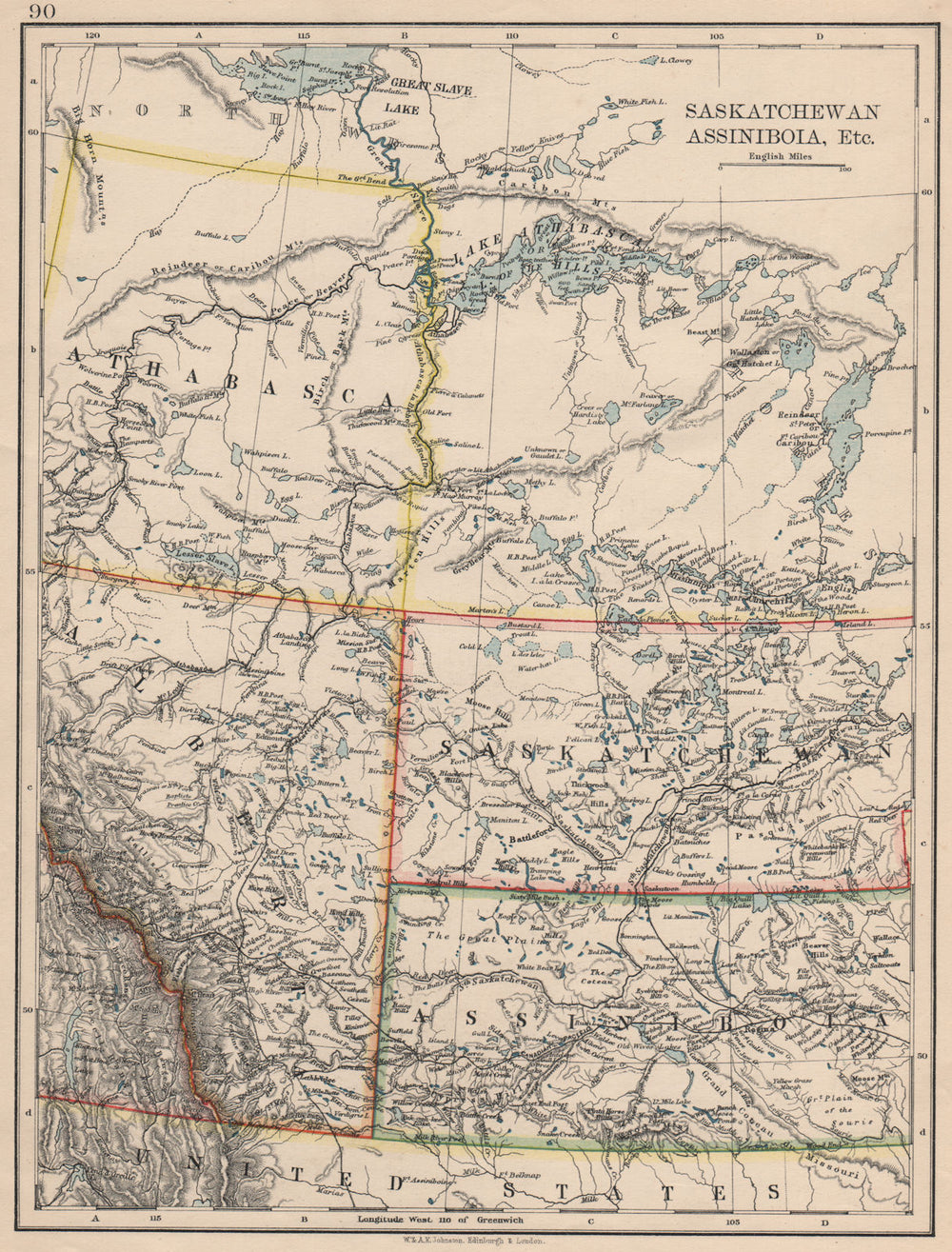 CANADA PRAIRIES. Alberta Saskatchewan Assiniboia Athabasca. JOHNSTON 1895 map