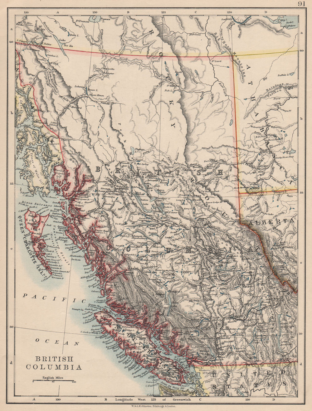 BRITISH COLUMBIA. Province map. Railroads. Vancouver island.  JOHNSTON 1895