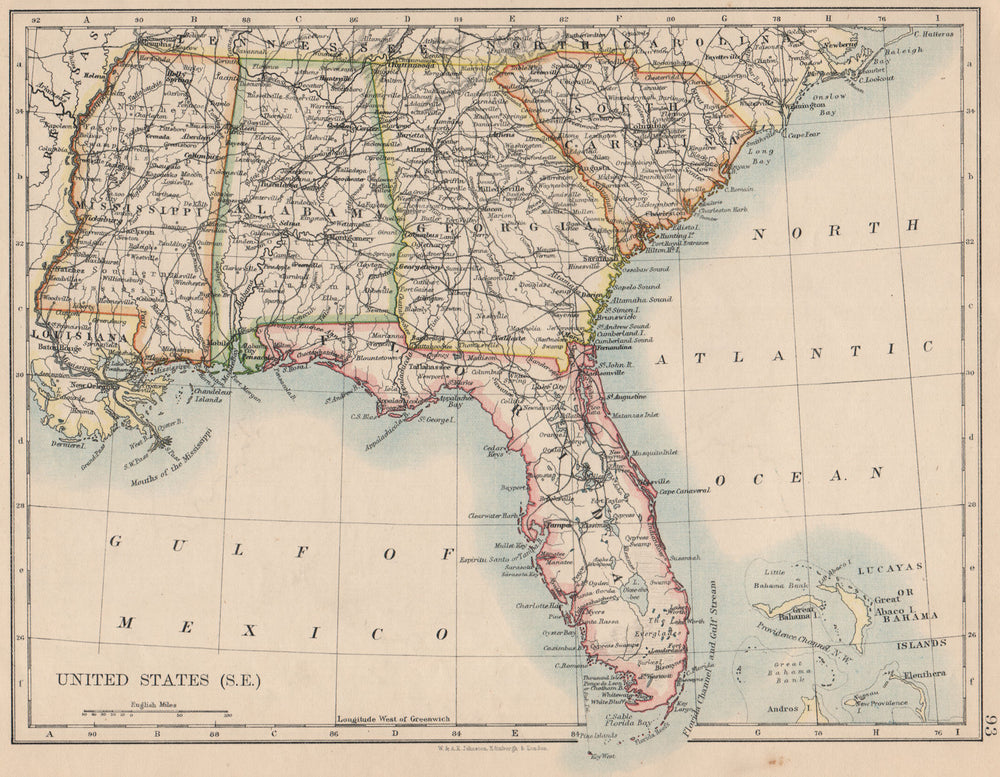 USA DEEP SOUTH. Florida South Carolina Georgia Alabama Mississippi USA 1895 map
