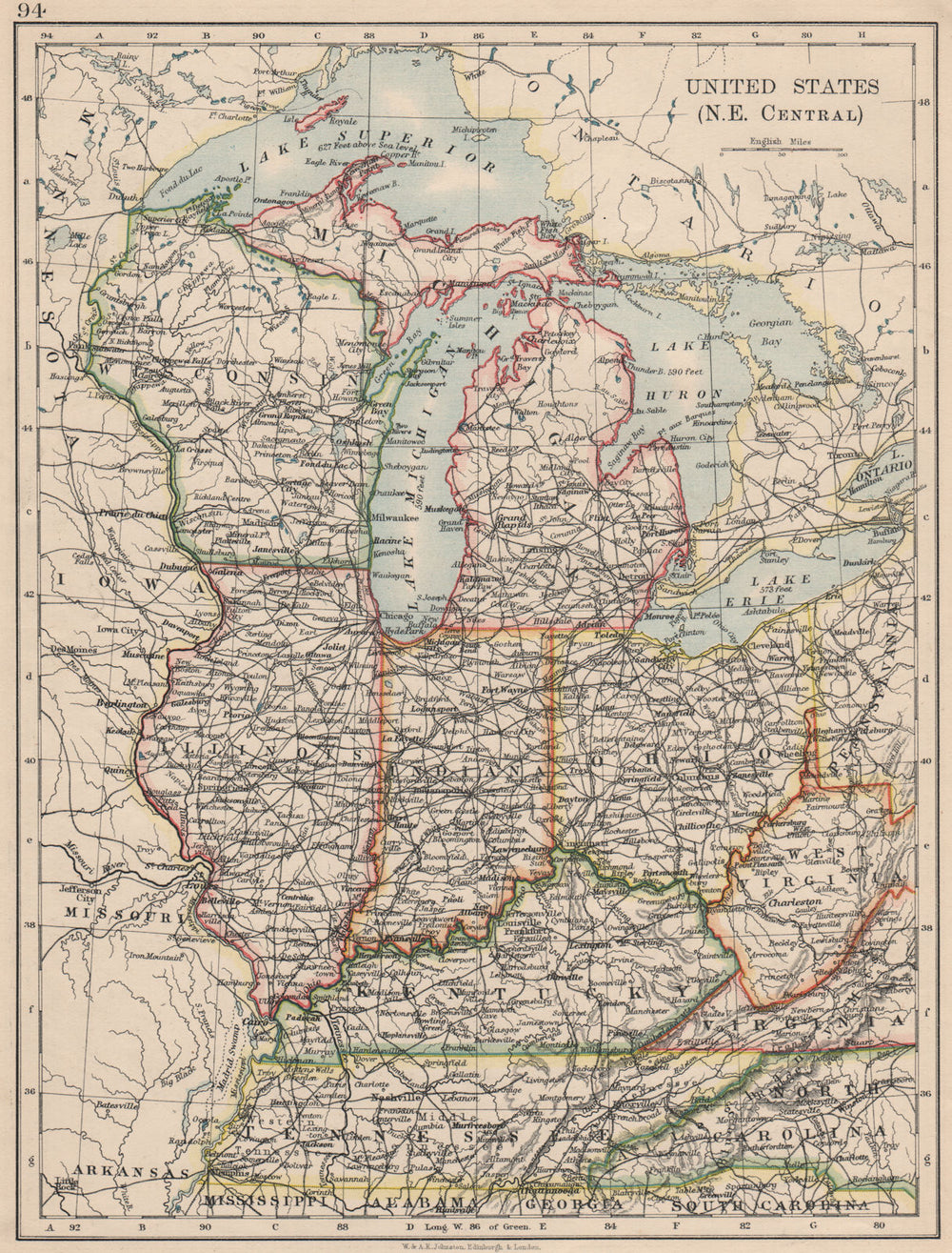 USA MID WEST. Wisconsin Michigan Illinois Ohio Indiana Kentucky TN 1895 map