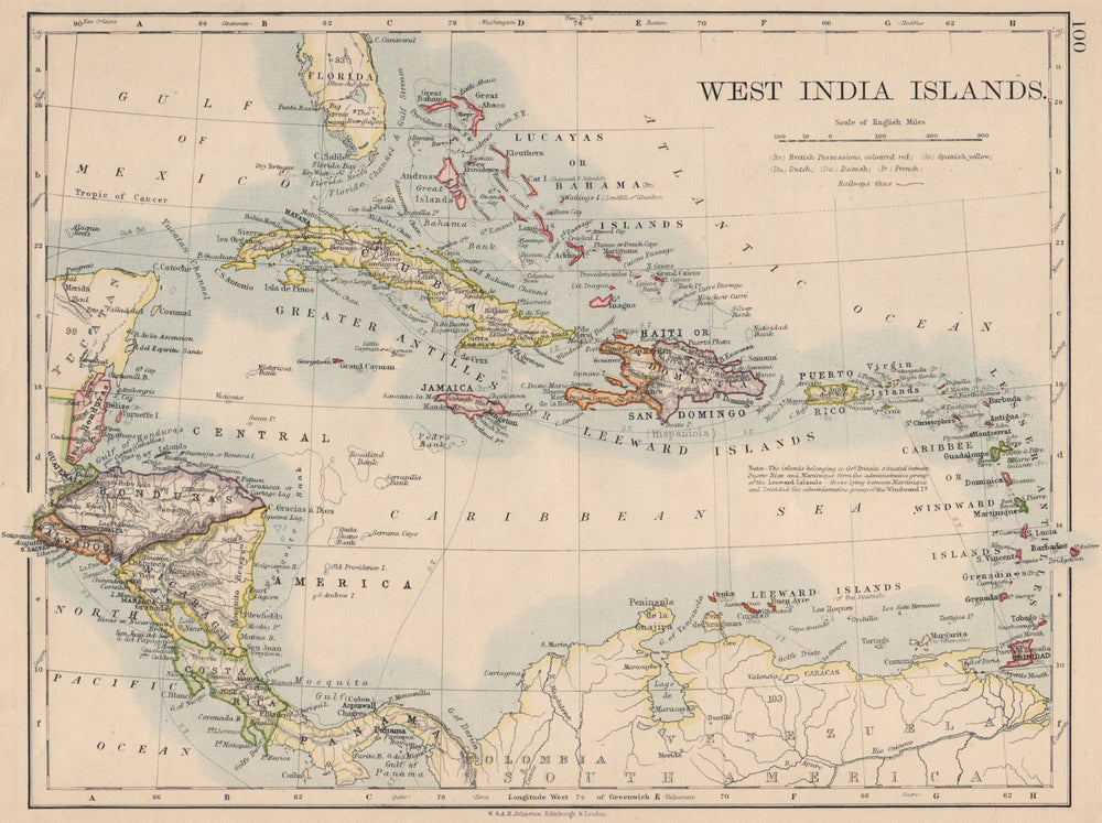 WEST INDIA ISLANDS. Caribbean Lucayas Caribbee Cuba. JOHNSTON 1895 old map