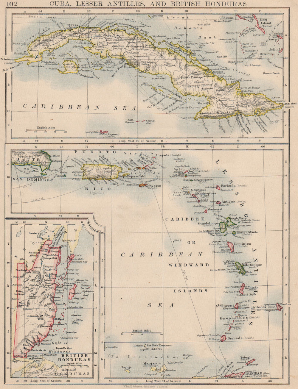 CARIBBEAN ISLANDS.Cuba British Honduras Caribbee/Windward. JOHNSTON 1895 map