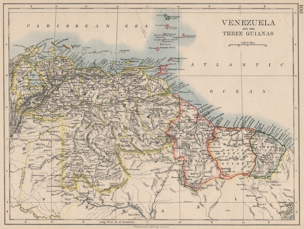 VENEZUELA / GUIANAS. Suriname. British French Dutch Guyana.  JOHNSTON 1895 map