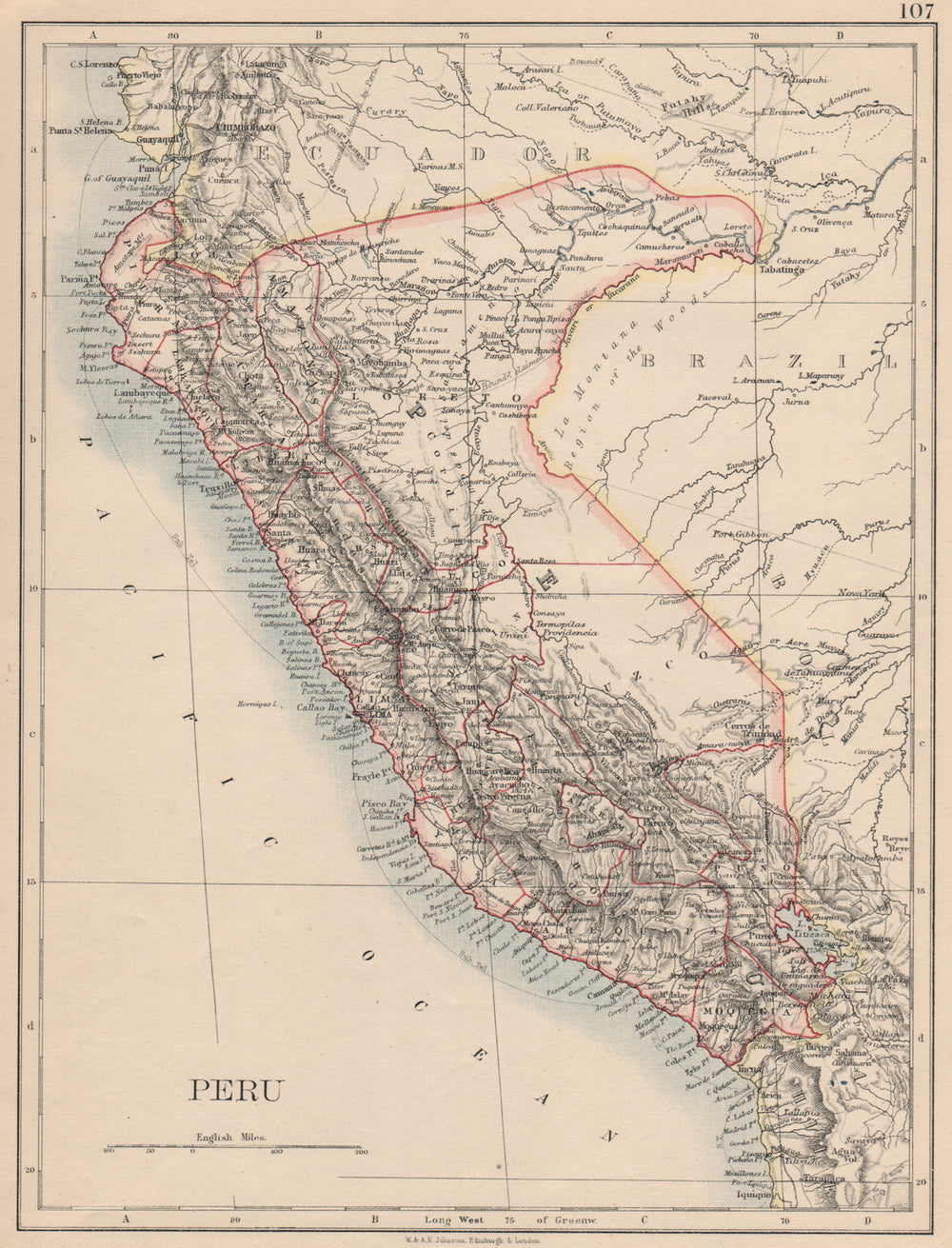 PERU. Border as before Peru-Ecuador war (1941). JOHNSTON 1895 old antique map