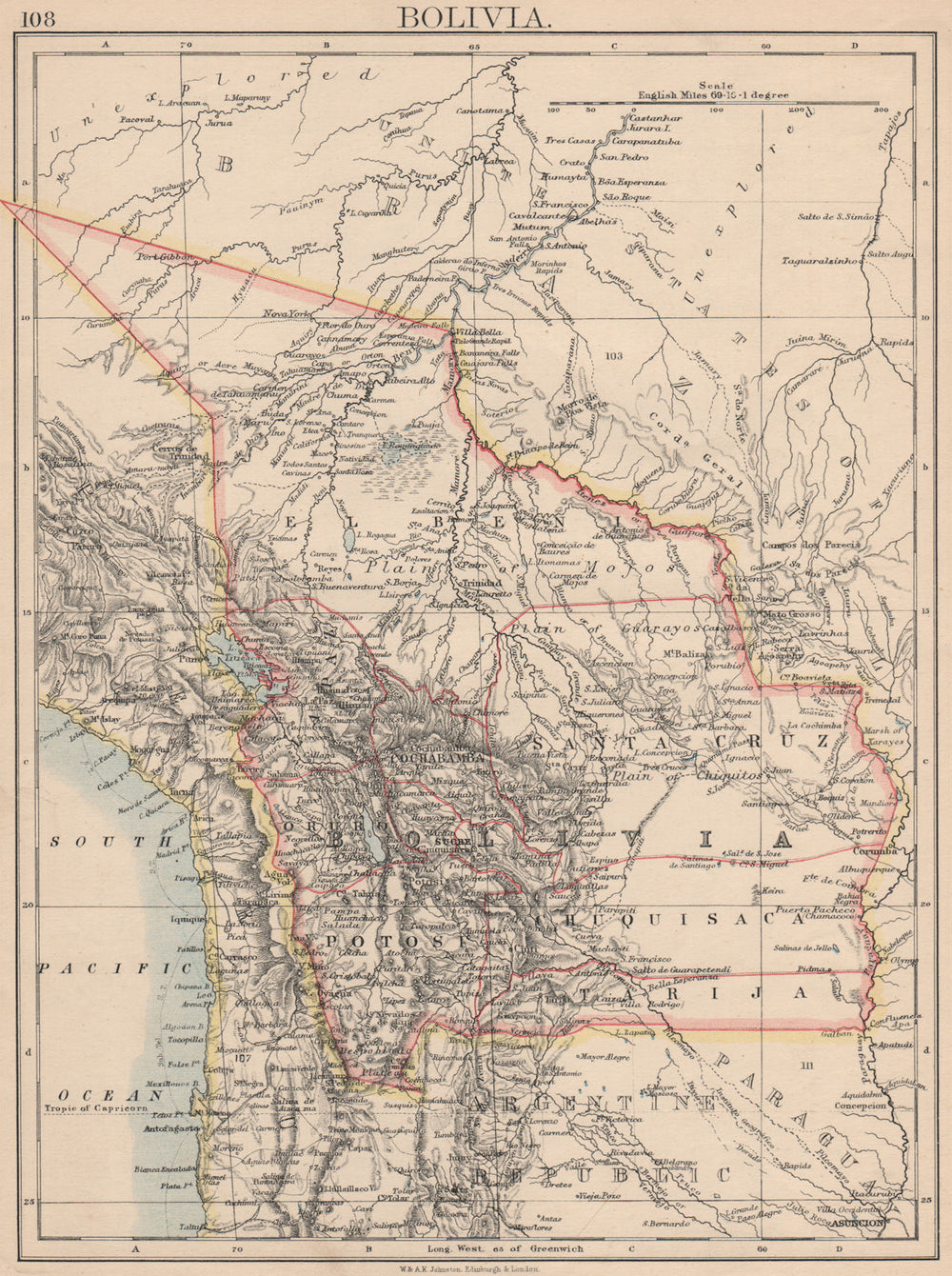 BOLIVIA. includes Acre, lost to Brazil in 1899-1903 war. JOHNSTON 1895 old map