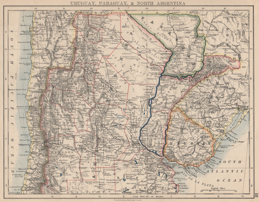 URUGUAY PARAGUAY NORTH ARGENTINA. River Plate States Chile. JOHNSTON 1895 map