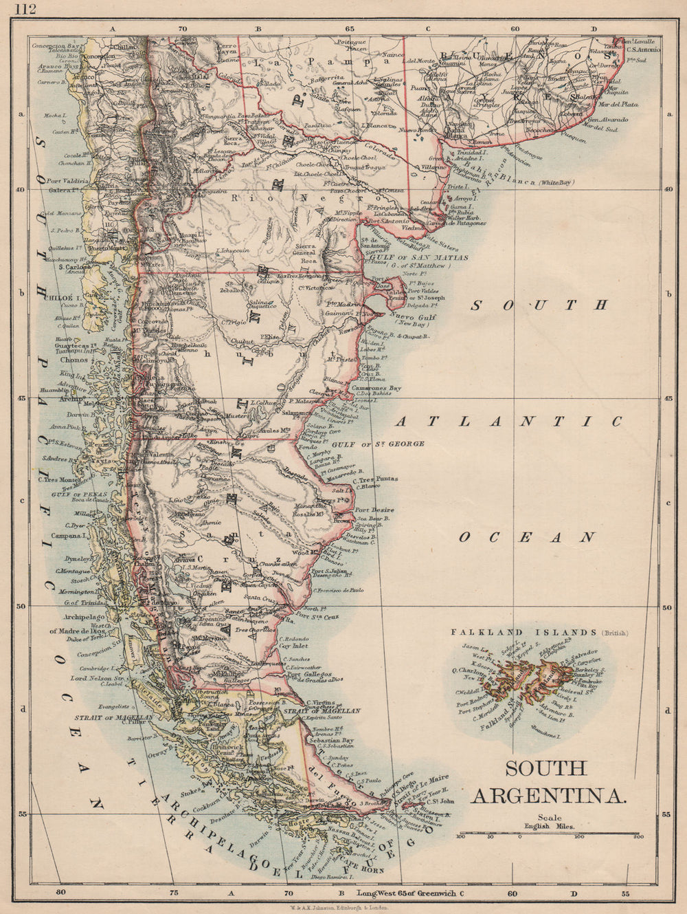 PATAGONIA. Southern Argentina & Chile. Falkland Islands. JOHNSTON 1895 old map