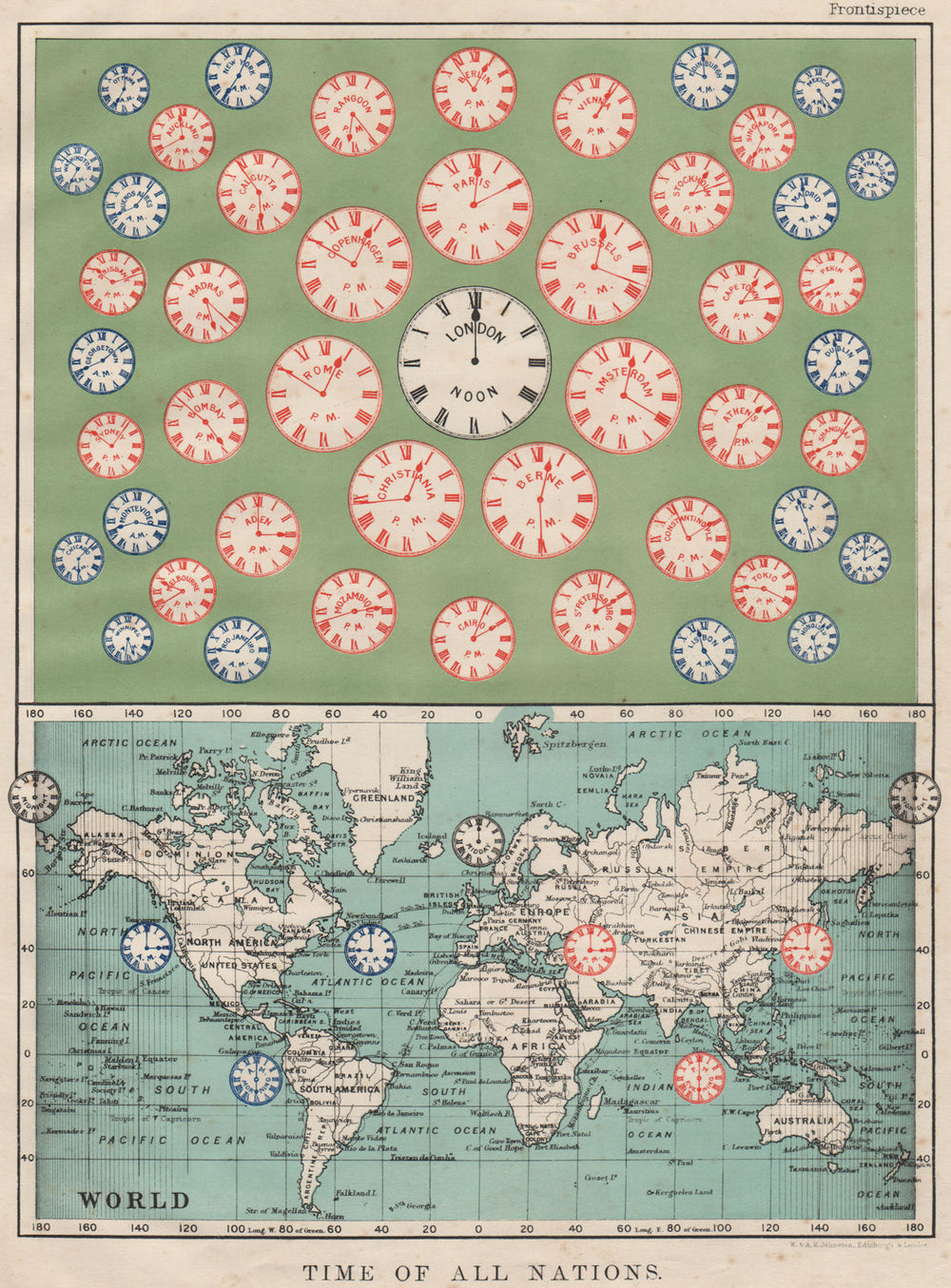 TIME OF ALL NATIONS. predates UTC/standard hourly time zones.  JOHNSTON 1900 map