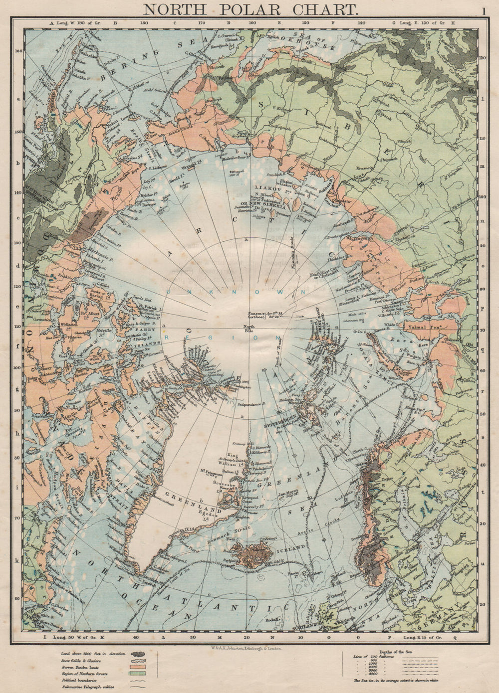 NORTH POLAR CHART. Shows explorers' routes. Nansen 1895. JOHNSTON 1900 old map