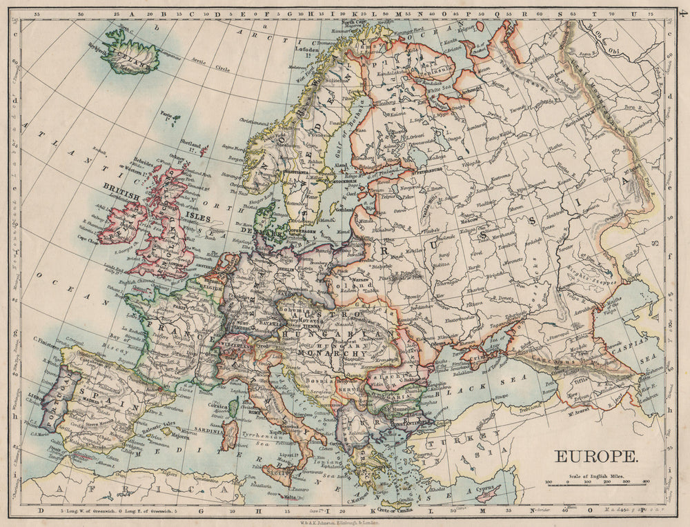 EUROPE POLITICAL. Austria-Hungary. United Sweden & Norway. JOHNSTON 1900 map
