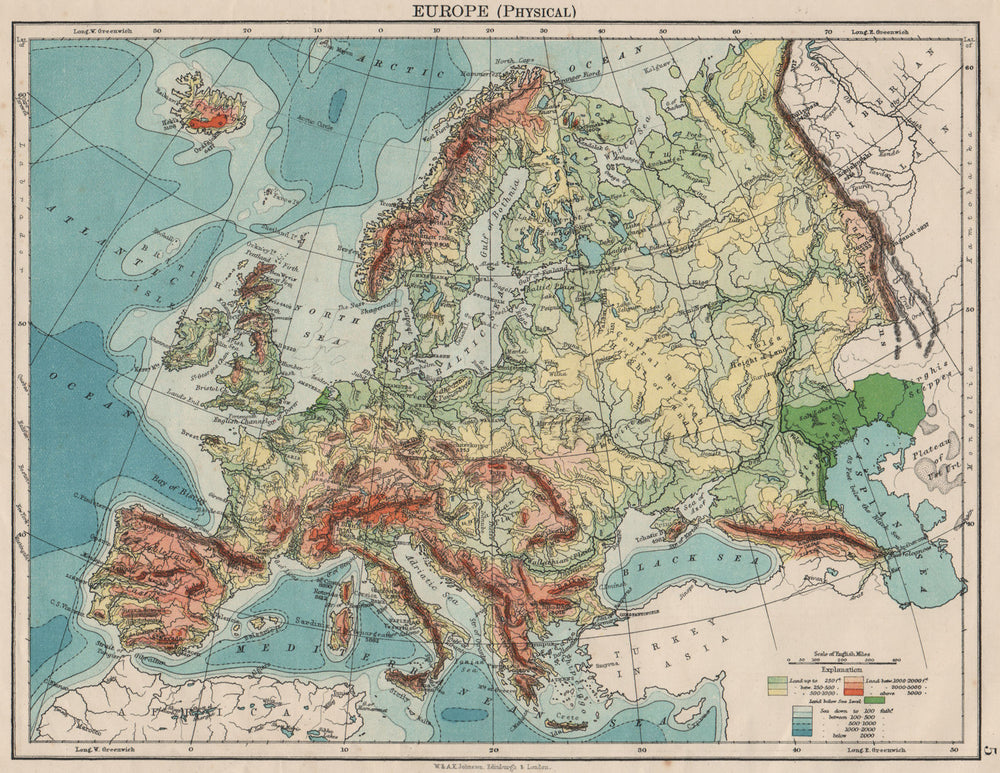 EUROPE PHYSICAL. Relief Ocean depths Key mountains Plains. JOHNSTON 1900 map