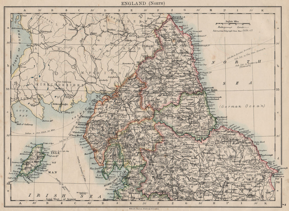 NORTHERN ENGLAND. Northumbs Durham Cumbs Westm N Yorks IOM. JOHNSTON 1900 map