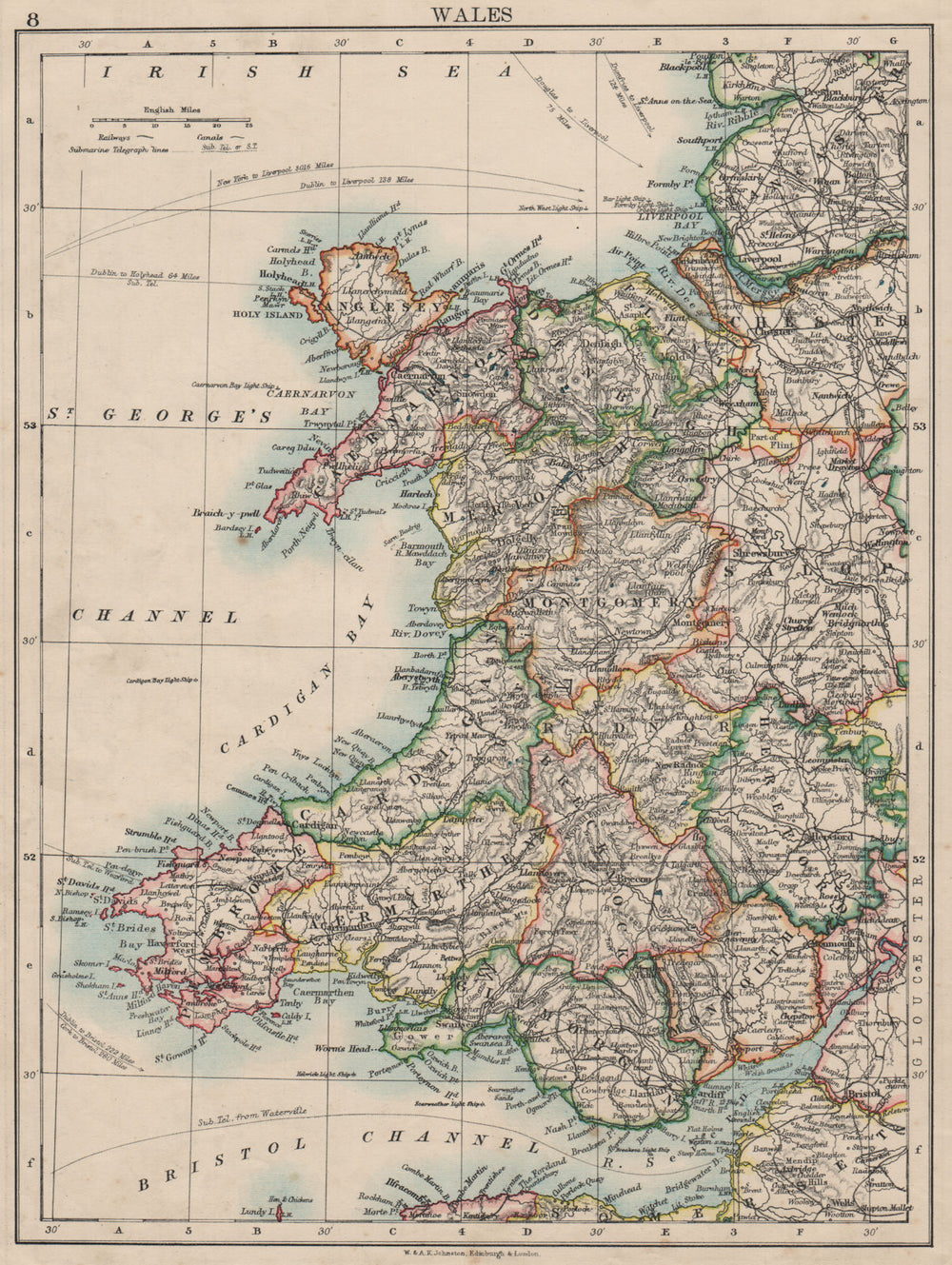 WALES. Showing counties. Telegraph cables.  JOHNSTON 1900 old antique map