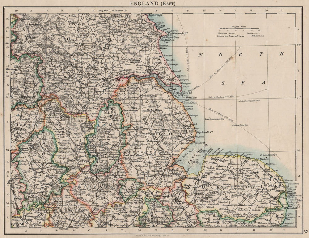 EAST ENGLAND. Lincs Norfolk Leics Notts Staffs Derbys Yorks.  JOHNSTON 1900 map