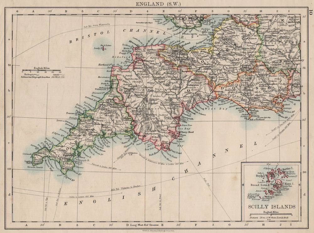 SOUTH WEST ENGLAND.Devon Cornwall Dorset Somerset.Telegraphs.JOHNSTON 1900 map