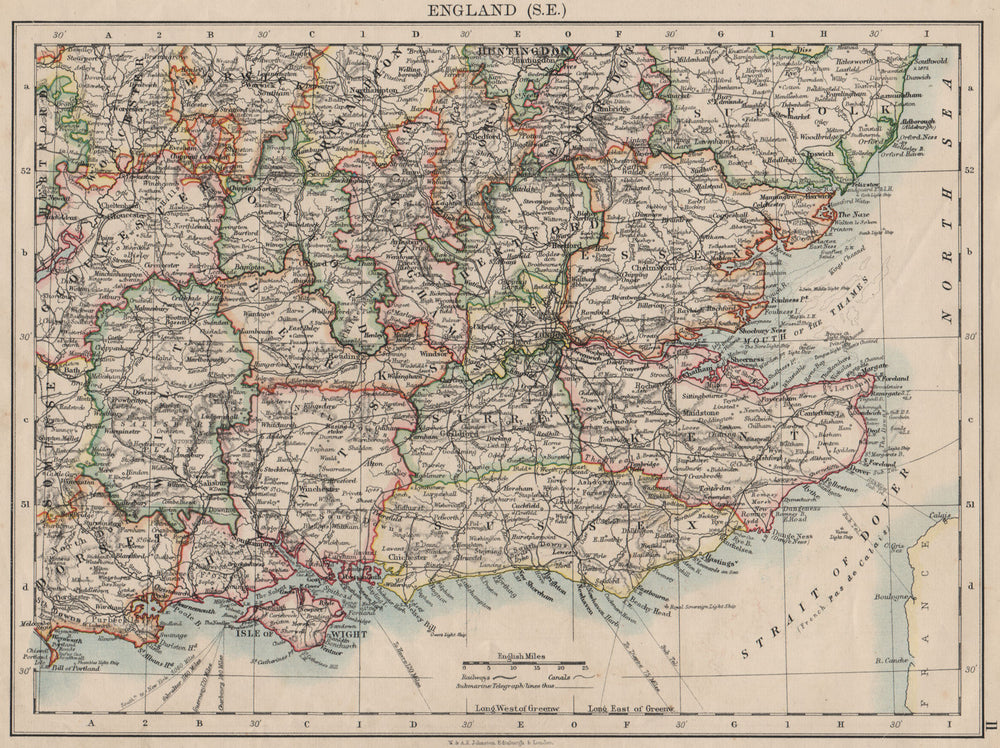 SOUTH EAST ENGLAND. Home counties. Thames valley & estuary.  JOHNSTON 1900 map