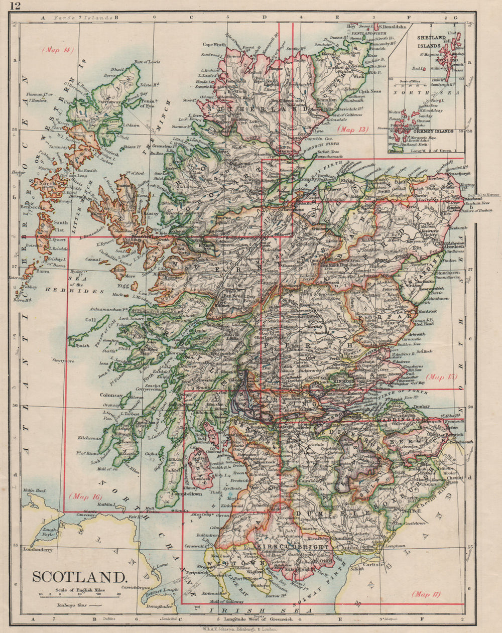 SCOTLAND. Counties. Undersea telegraph cables. JOHNSTON 1900 old antique map