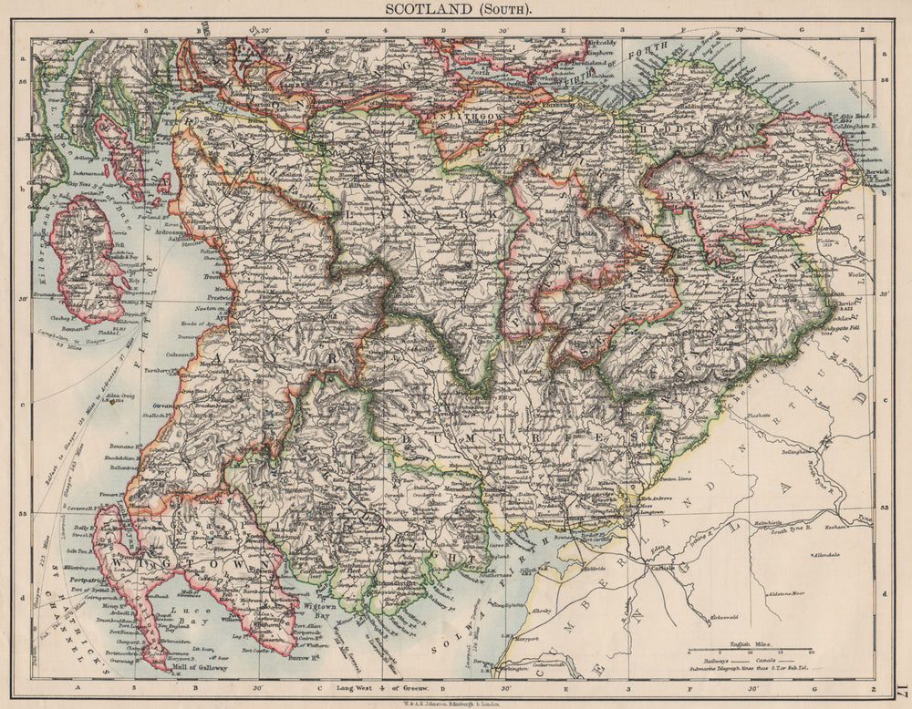 SOUTH SCOTLAND. Dumfries Galloway Lothian Borders Lanark Ayr.JOHNSTON 1900 map