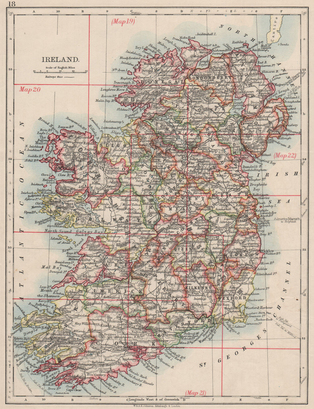 IRELAND. Showing counties. Undersea telegraph cables.  JOHNSTON 1900 old map