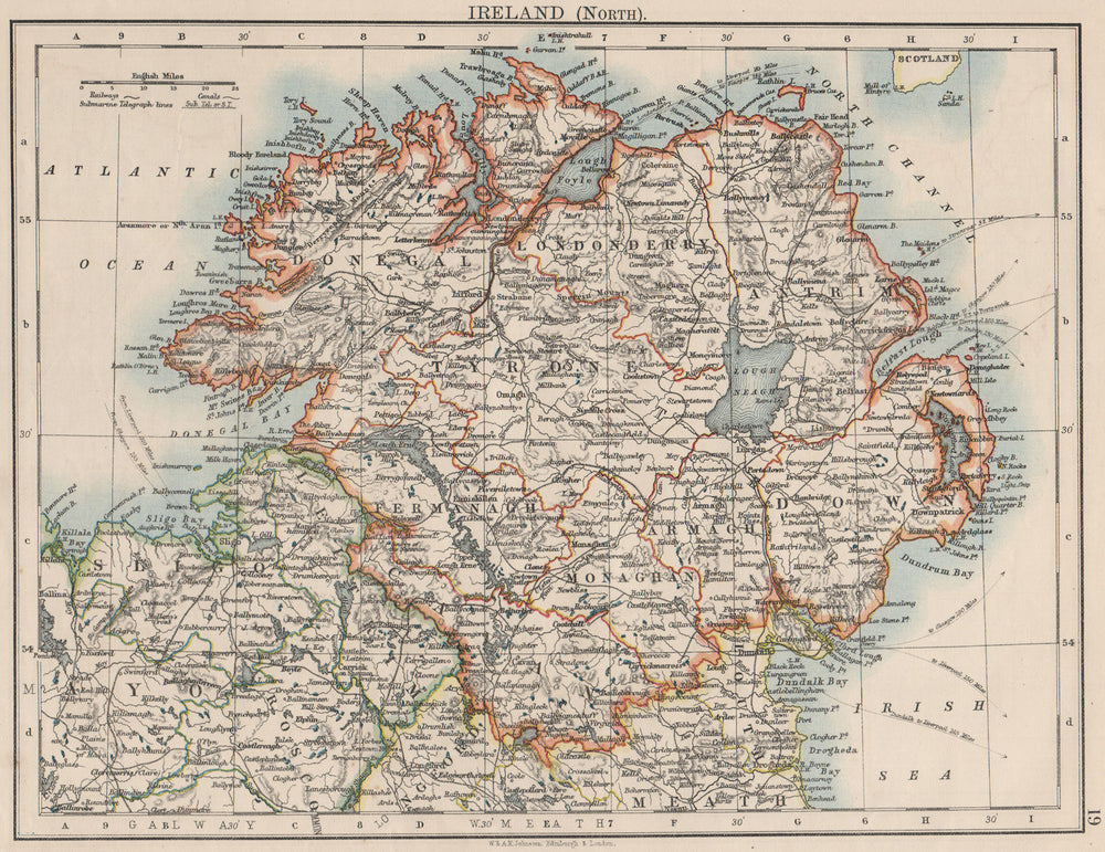ULSTER. Antrim Down Armagh Cavan Tyrone &c. Northern Ireland.  JOHNSTON 1900 map