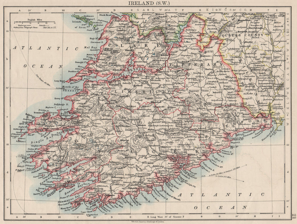 MUNSTER.  Clare Cork Kerry Limerick Waterford &c.SW Ireland. JOHNSTON 1900 map