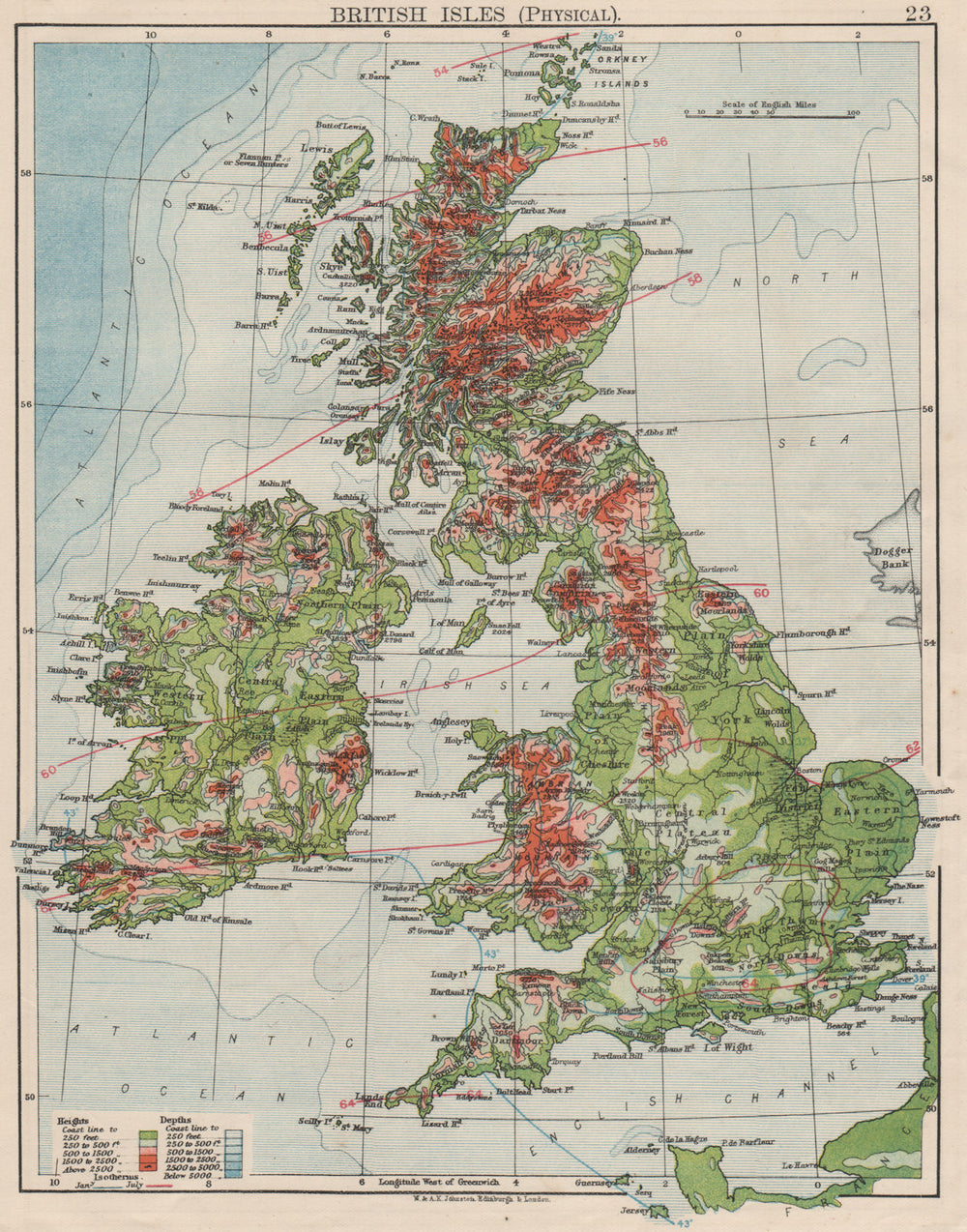 BRITISH ISLES RELIEF. Showing isotherms in January & July. JOHNSTON 1900 map