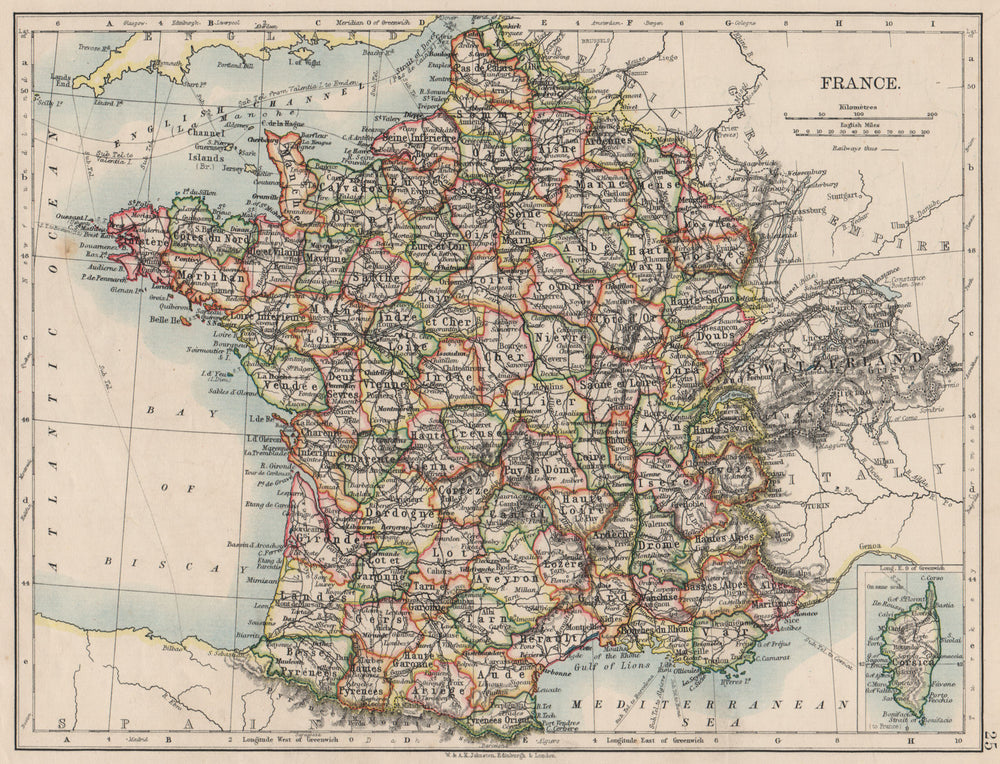 FRANCE. German Alsace & Lorraine. Undersea telegraph cables. JOHNSTON 1900 map
