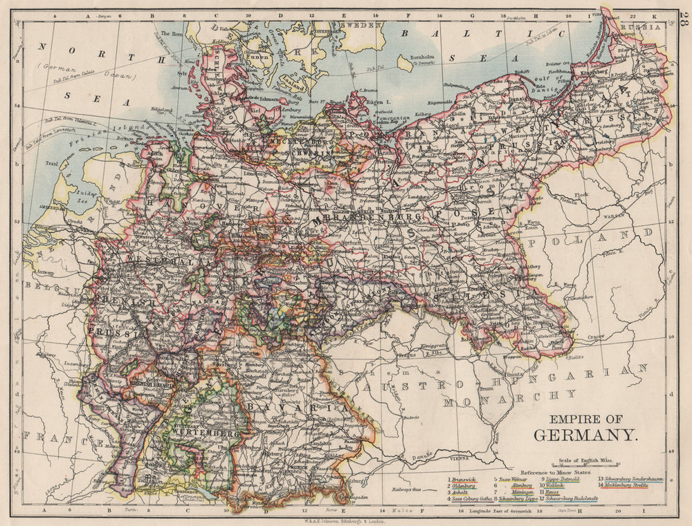 EMPIRE OF GERMANY. States. Prussia Bavaria Alsace Lorraine.  JOHNSTON 1900 map